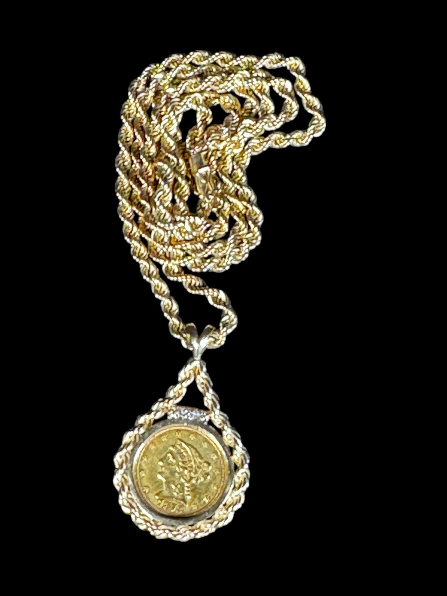 1873 2 1/2 GOLD LIBERTY HEAD COIN ON A ROPE CHAIN: 1873 2 1/2 GOLD LIBERTY HEAD COIN ON A ROPE CHAIN, 11 3/4" LENGTH 31 GRAMS