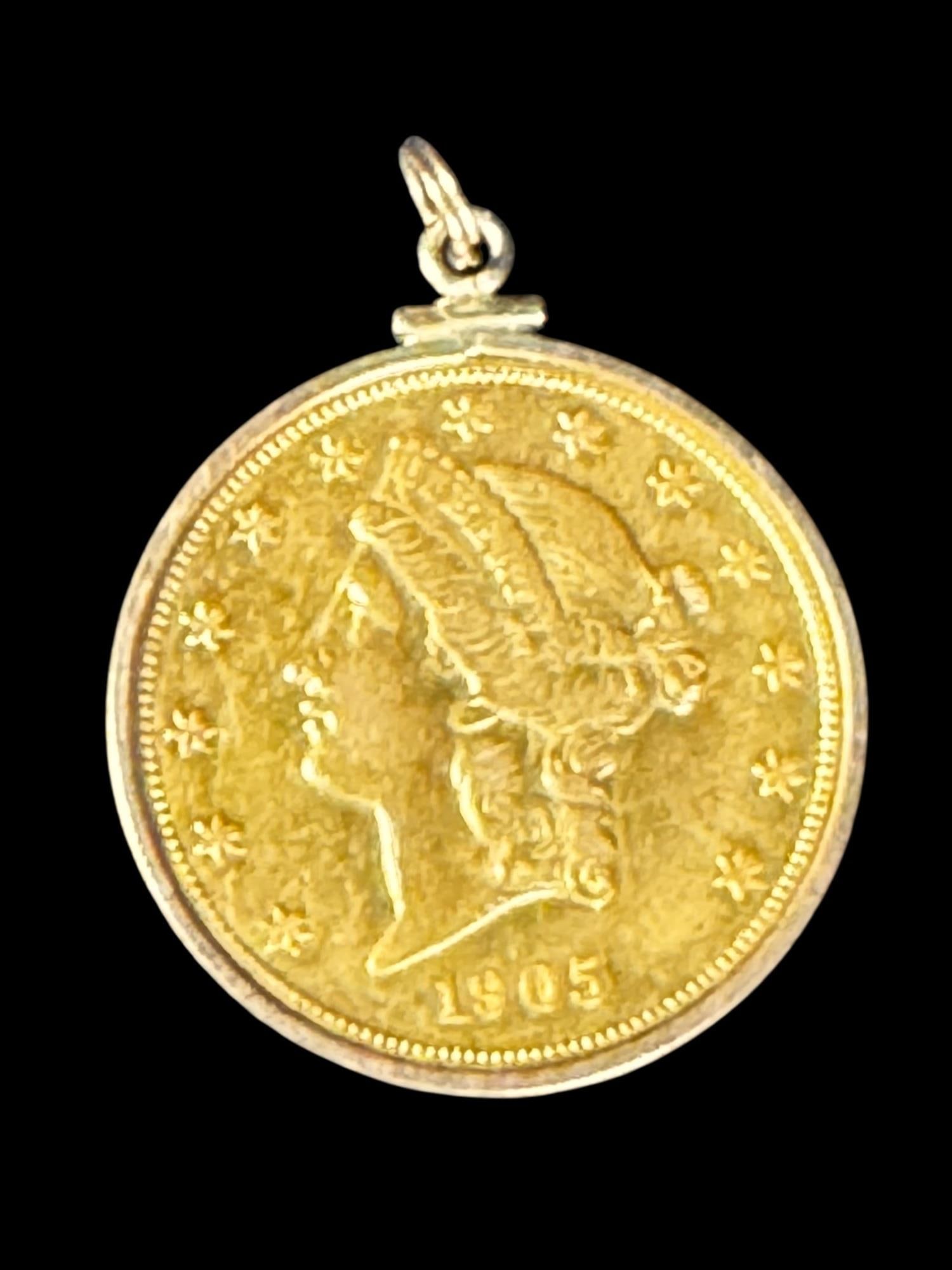 1905 20 DOLLAR LIBERTY GOLD COIN IN A GOLD BEZEL (1 of 3)