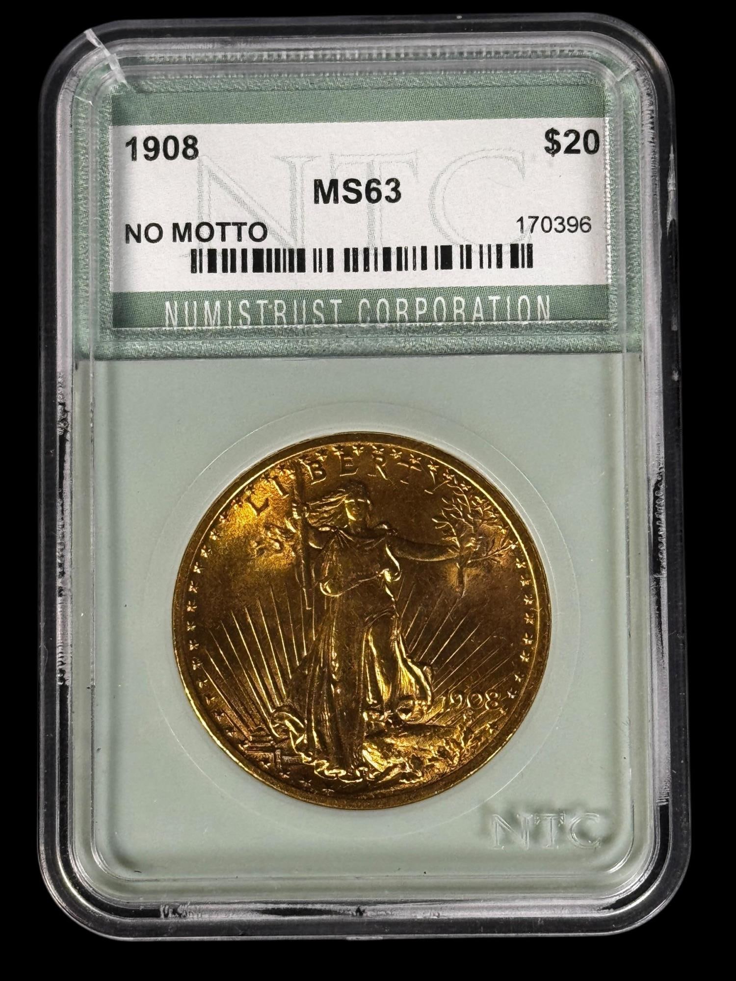 1908 ST GAUDENS MS63 20 SLABBED GOLD COIN: 1908 ST GAUDENS DOUBLE EAGLE MS63 20 SLABBED GOLD COIN