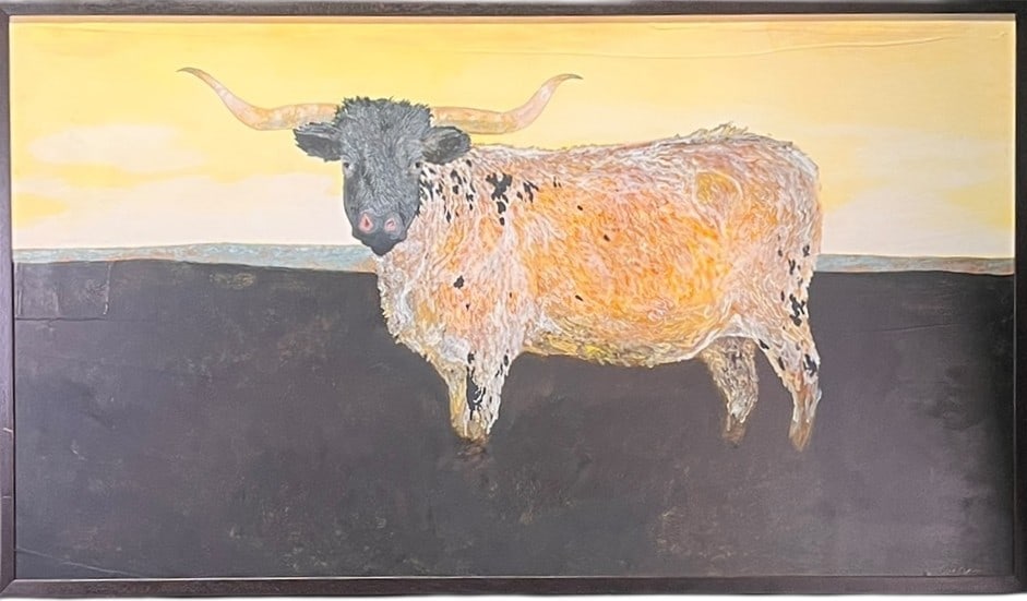 THE LONGHORN OIL ON PANEL SIGNED BY SCOTT DE JESSE: THE LONGHORN OIL ON PANEL SIGNED BY ANDREW SCOTT DEJESSE OIL ON PANE. Height: 25 in. by Width: 43 in. by Depth: 1 IN.
