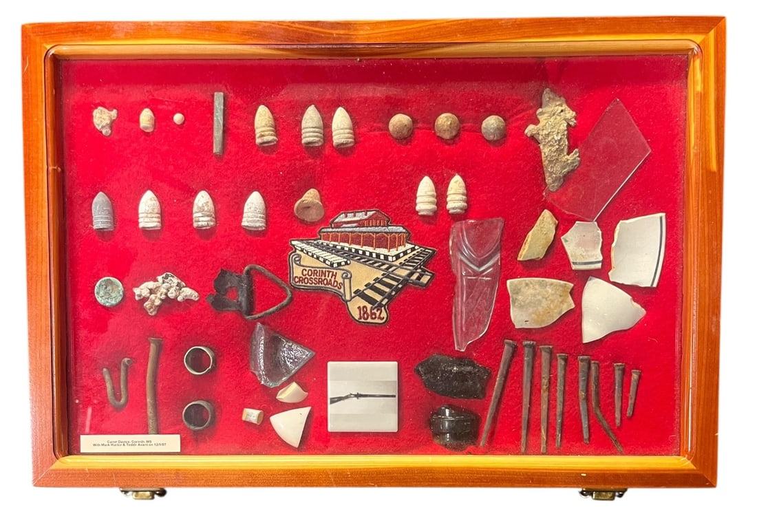 CIVIL WAR ERA M.S BULLET REMAINS CASE: CIVIL WAR ERA M.S BULLET REMAINS CASE. Civil War items from Corinth, MS. Height: 12 in. by Width: 18 in.