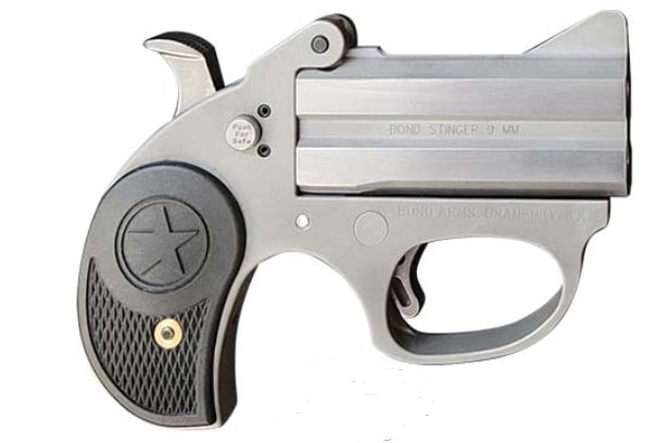 BOND ARMS STINGER ROUGH SERIES 9MM PISTOL: BOND ARMS STINGER ROUGH SERIES 9MM PISTOL. MATTE STAINLESS STEEL. BREAK OPEN. NYLON THIN GRIPS. FIXED SIGHT WEIGHS 16 OZ. NEW IN BOX. SERIAL #SSS-019849 (L898)