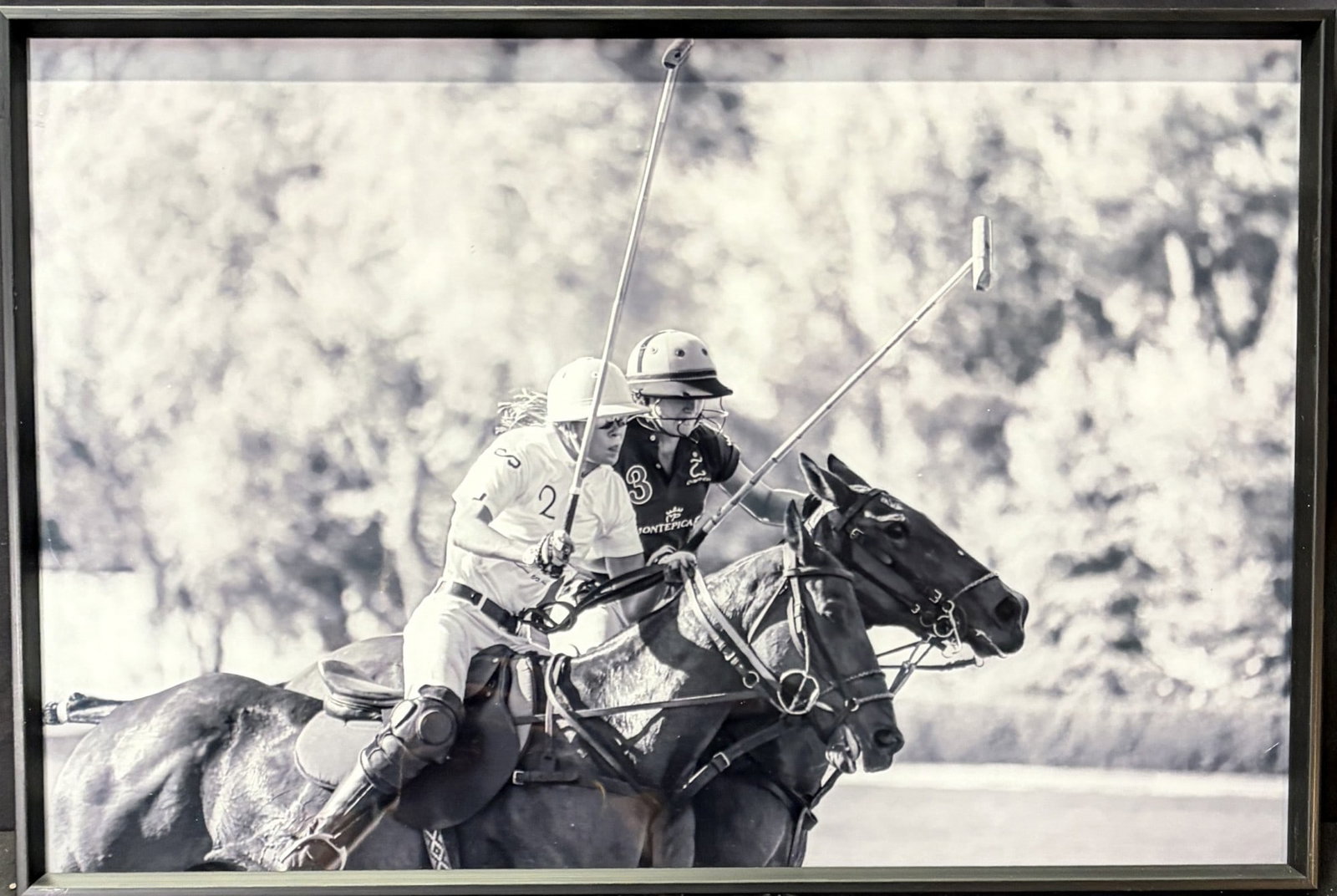 EQUESTRIAN BLACK AND WHITE POLO PHOTOGRAPH FRAMED: EQUESTRIAN BLACK AND WHITE POLO PHOTOGRAPH FRAMED Height: 16 in. by Width: 24 in.