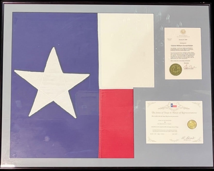 TEXAS FLAG, AND HOUSE OF REPS LETTER FRAMED: TEXAS FLAG, AND HOUSE OF REPS LETTER FRAMED. Height: 32.5 in. by Width: 40 in.
