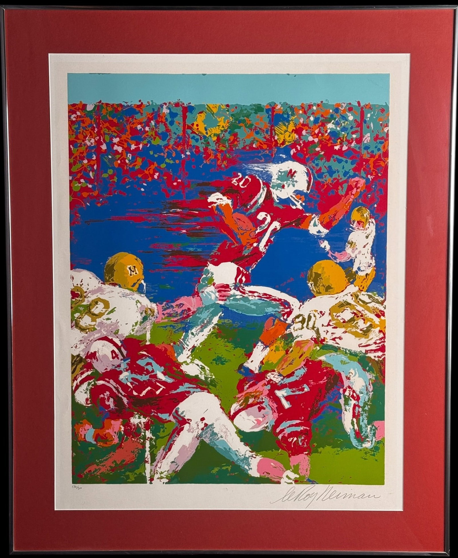 "BREAKAWAY" NEBRASKA SERIGRAPH BY LEROY NEIMAN: "BREAKAWAY" NEBRASKA LITHOGRAPH BY LEROY NEIMAN, EDITION #136/300. Height: 35 in. by Width: 28 in.