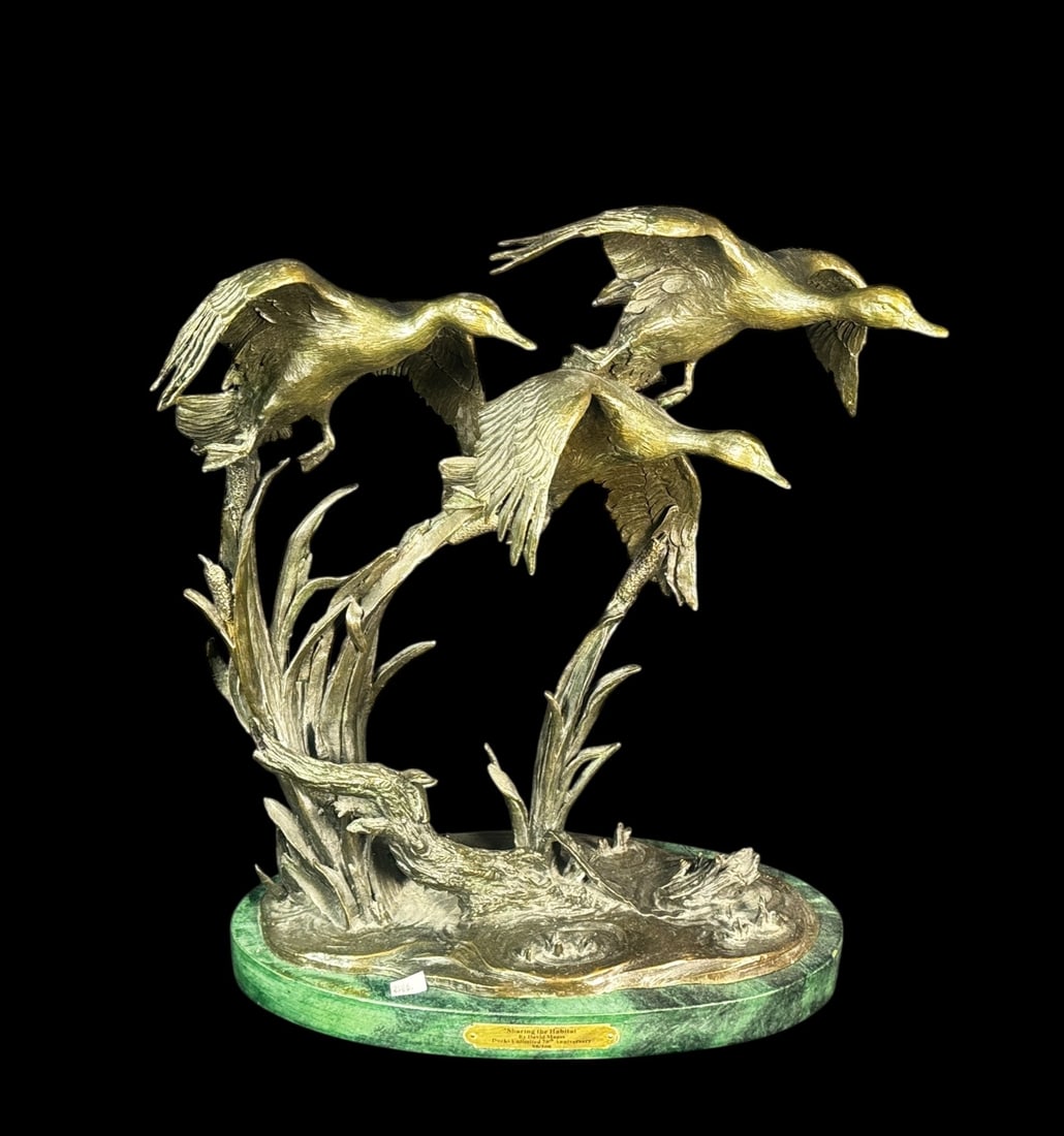 "SHARING THE HABITAT" BRONZE BY DAVID MAAS: "SHARING THE HABITAT" BRONZE BY DAVID MAAS DUCKS UNLIMITED 70TH ANNIVERSARY #98/500. Height: 19 in. by Width: 15 in. by Depth: 7 in.
