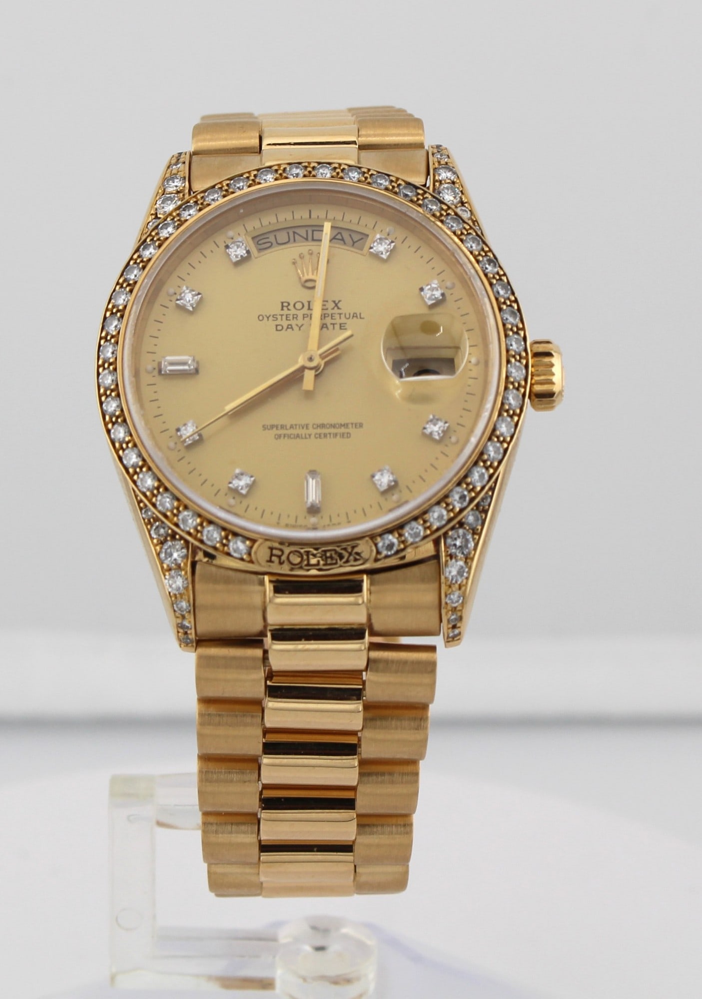 ROLEX 36mm 18KT YELLOW GOLD WATCH: ROLEX 36mm 18KT YELLOW GOLD WATCH WITH DAY DATE, ALL FACTORY DIAMONDS, SINGLE QUICKSET.