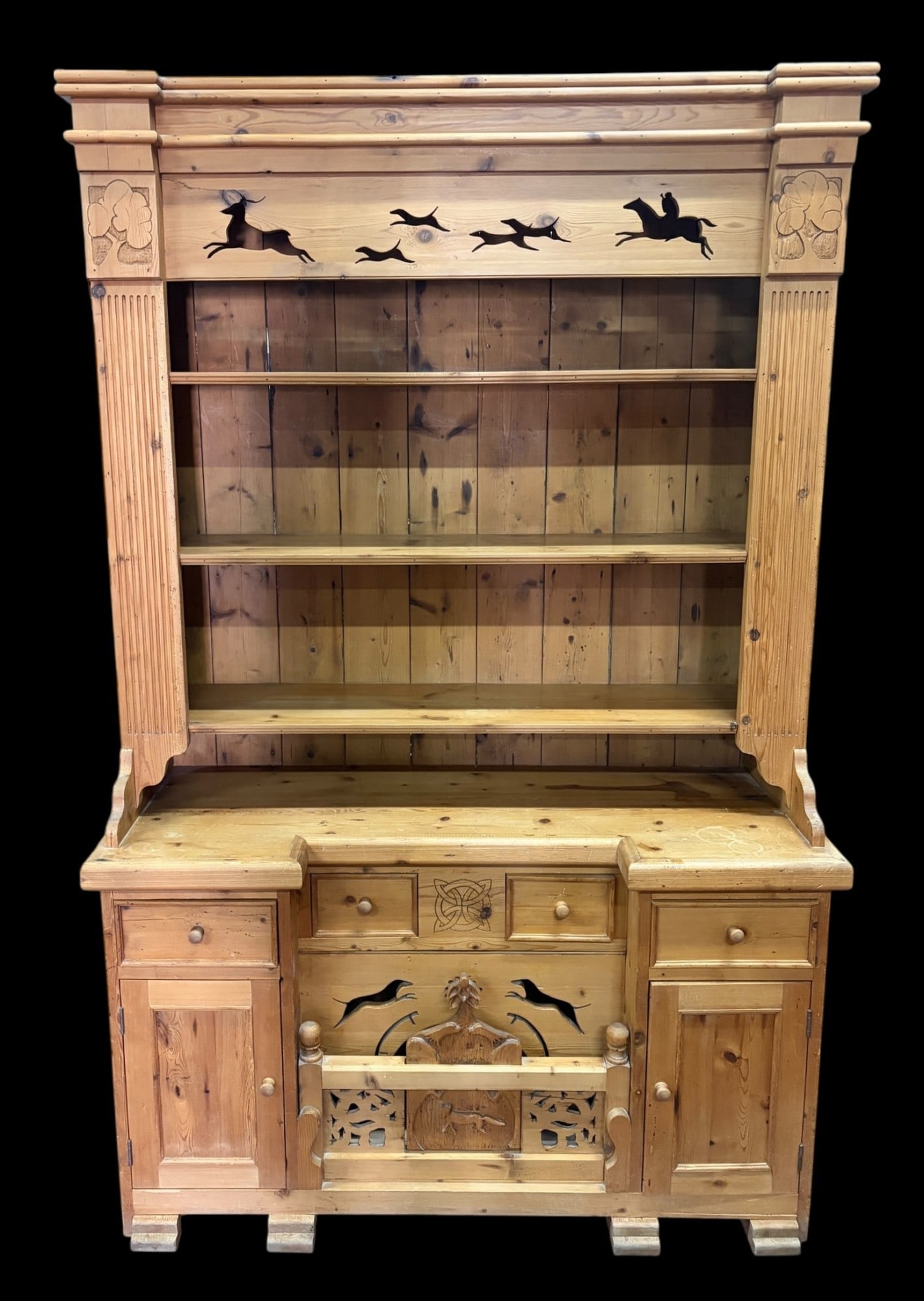 VINTAGE PINE COVERED CARVED CABINET & HUTCH (1 of 8)