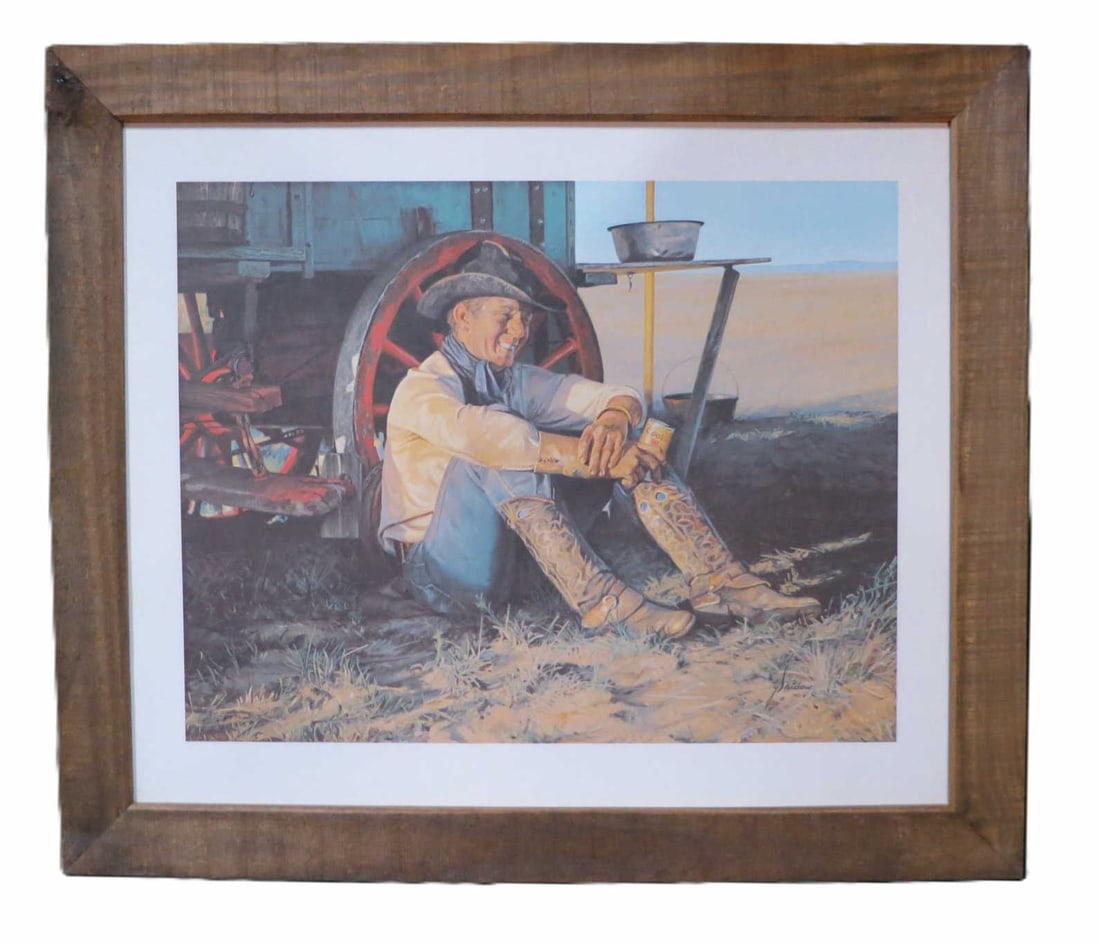 RUSTIC FRAMED COWBOY AND WAGON PRINT: RUSTIC FRAMED COWBOY AND WAGON PRINT. Height: 28 & 18 in. by Width: 32.5 & 24 in. by Depth: 3/4 in.