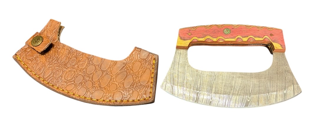 DAMASCUS KNIFE AND CASE: DAMASCUS KNIFE AND CASE Height: 6 in. by Width: 4 in. by Depth: .5 in.