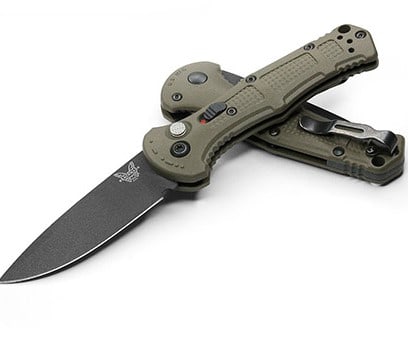 Benchmade MiniClaymore BL/PL 3: Benchmade Mini-Claymore BL/PL 3" Ranger Green Grivory; Auto w/safety; Drop Point Benchmade
