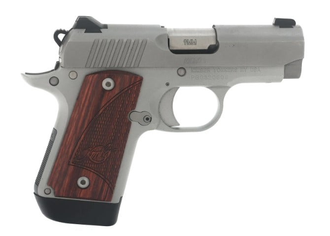 KIMBER MODEL MICRO 9 9mm CALIBER SEMI AUTO PISTOL: Kimber Model Micro 9 9x19mm caliber semi automatic pistol. Matte stainless steel finish. Fixed sights. Checkered wood Kimber grips. One magazine. Caliber / Gauge 9x19mm Barrel Length: 3" Serial Number