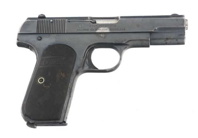 1919 COLT MODEL 1903 .32 CALIBER SEMI AUTO PISTOL: 1919 Colt Model 1903 .32 ACP caliber Pocket Hammerless pistol. Replacement Colt hard rubber grips. One magazine. Caliber / Gauge 32 ACP Barrel Length: 3.50" Serial Number: 310333 Classification: C&R /
