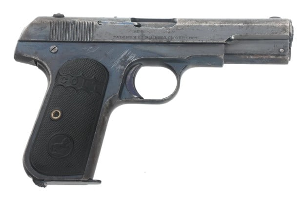 COLT MODEL 1903 POCKET HAMMERLESS .32 CAL PISTOL: 1908 Colt Model 1903 .32 caliber semi automatic pistol. Blued finish. Fixed sights. Checkered composite Colt grips. Two magazines. Hard case. Caliber / Gauge 32 Barrel Length: 3.625" Serial Number: 68