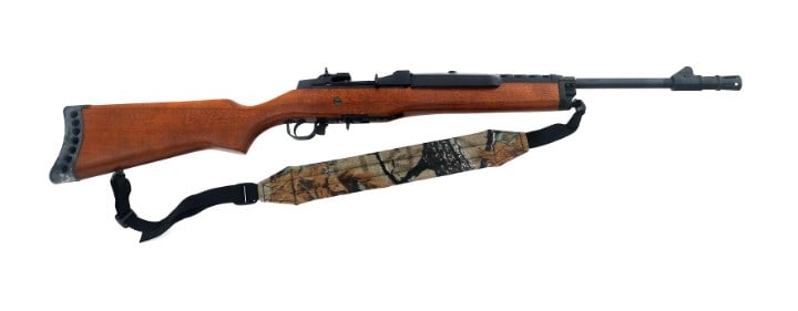 RUGER MODEL MINI 30 7.62mm CAL SEMI AUTO CARBINE: Ruger Mini Thirty 7.62x39mm caliber semi automatic carbine. Matte black finish. Adjustable rear sight. Flash suppressor. Padded nylon sling. Wood stock with rubber butt pad. One magazine. Caliber / Ga