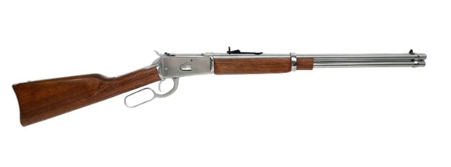 ROSSI MODEL R92 .44 MAG CALIBER RIFLE: Rossi Model R92 .44 Magnum caliber lever action rifle. Import stamped Braztech. Stainless steel finish. Adjustable rear sight. Wood stock with metal butt plate. Caliber / Gauge 44 MAG Barrel Length: 2