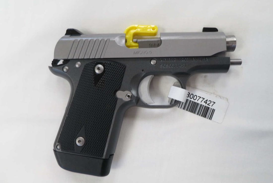 Kimber Micro 9 Cinder 9mm 7rd Pistol: Kimber Micro 9 Cinder 9mm 3.15" Aluminum KimPro II Gray Frame; Stainless Steel KimPro II Slide; White Dot Sights Black Rubber Grip. Serial #SCB0077427. (L918)