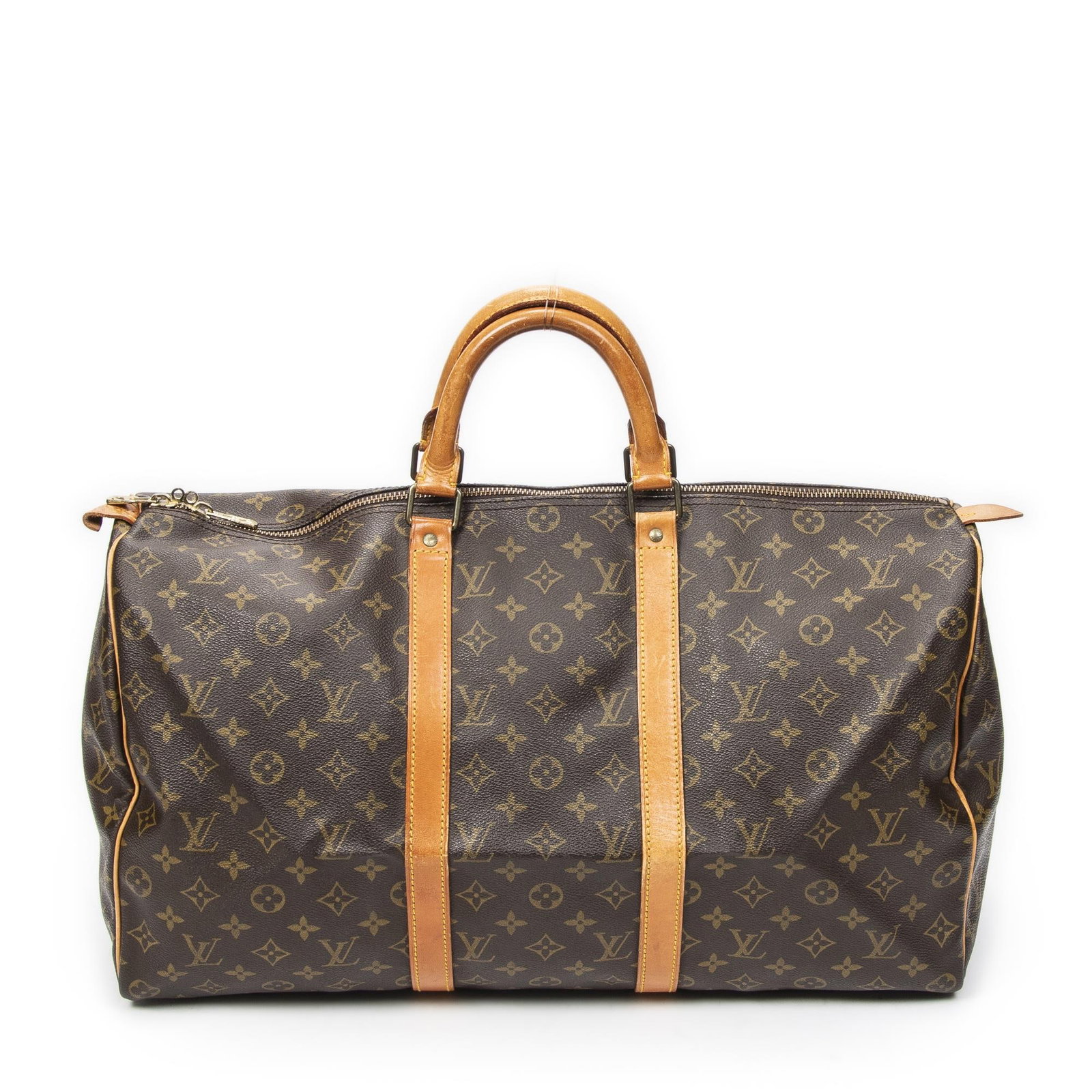 Louis Vuitton Keepall Travel Bag: Brown Louis Vuitton Keepall Travel Bag. Made from Monogram Canvas with Vachetta straps/handles and Golden Brass hardware. Dimensions: 50*27*22cm. Accessories include: None. Condition Rating = AB. Coun