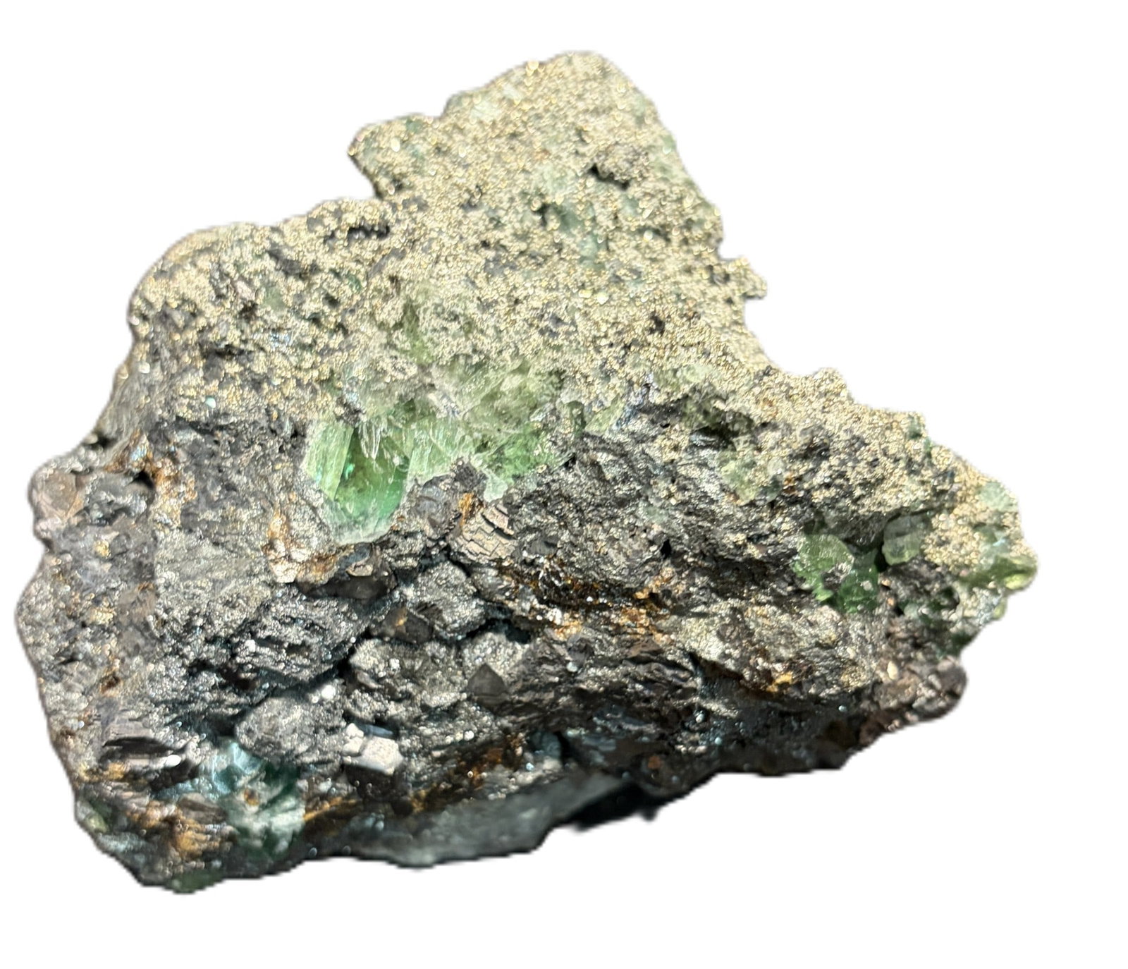 PYRITE WITH TOURMALINE: PYRITE WITH TOURMALINE 3.5kg Height: 4 in. by Width: 5 in. by Depth: 4 in.