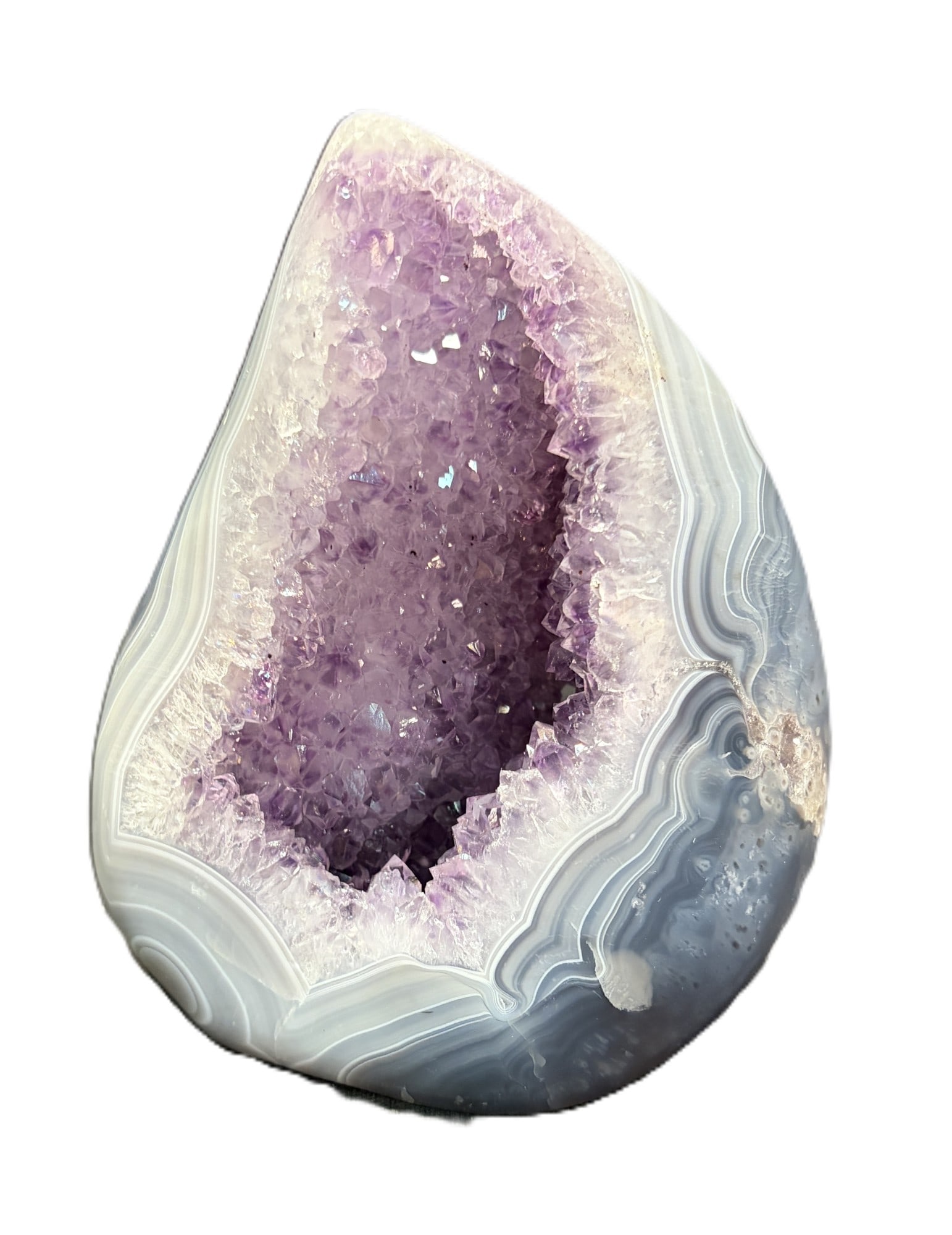 NICE TEAR DROP POLISHED AGATE WITH AMETHYS INT.: NICE TEAR DROP POLISHED AGATE WITH AMETHYS INT. 1lb Height: 5.5 in. by Width: 4.5 in. by Depth: 2 in.