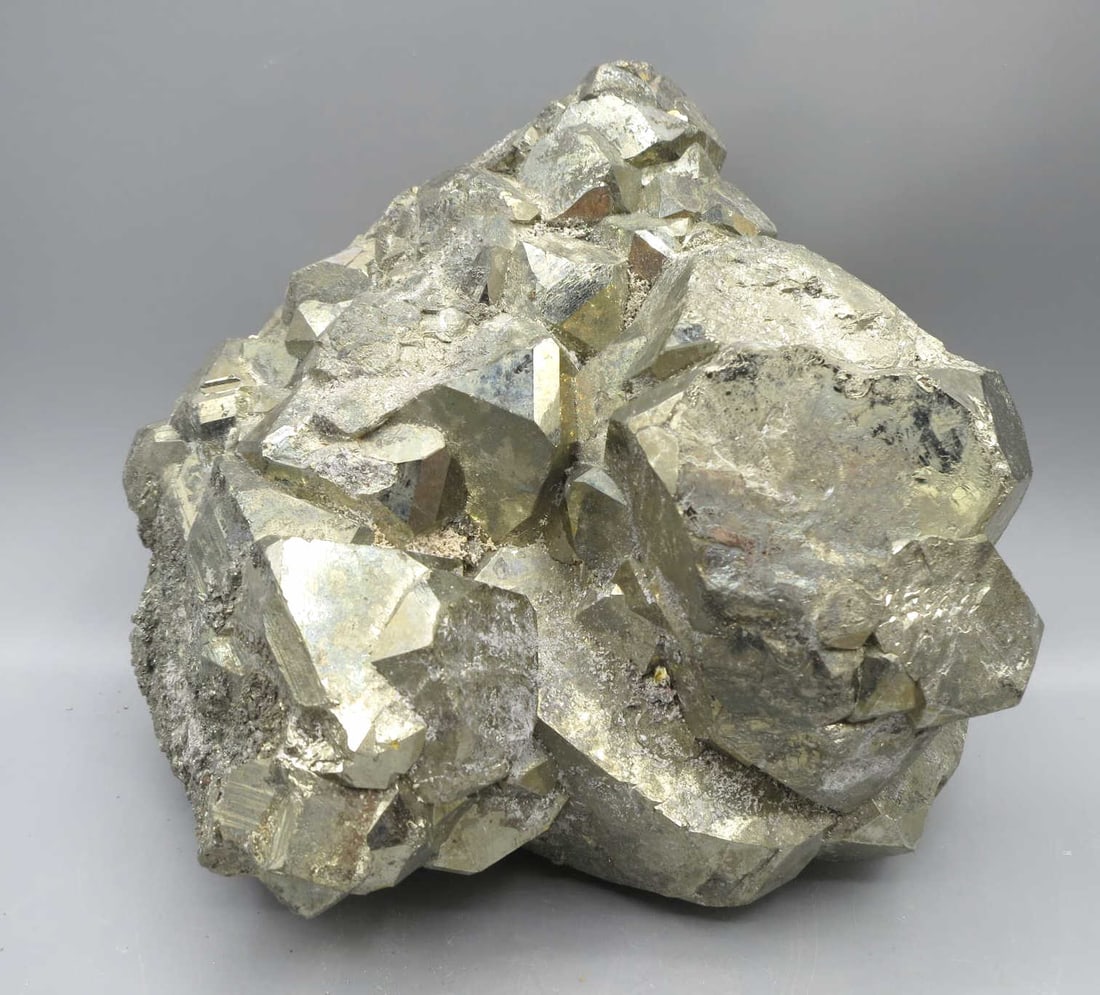 NATURAL PYRITE CLUSTER: NATURAL PYRITE CLUSTER. 4.7613KG. Height: 5 in. by Width: 6 in. by Depth: 5 in.