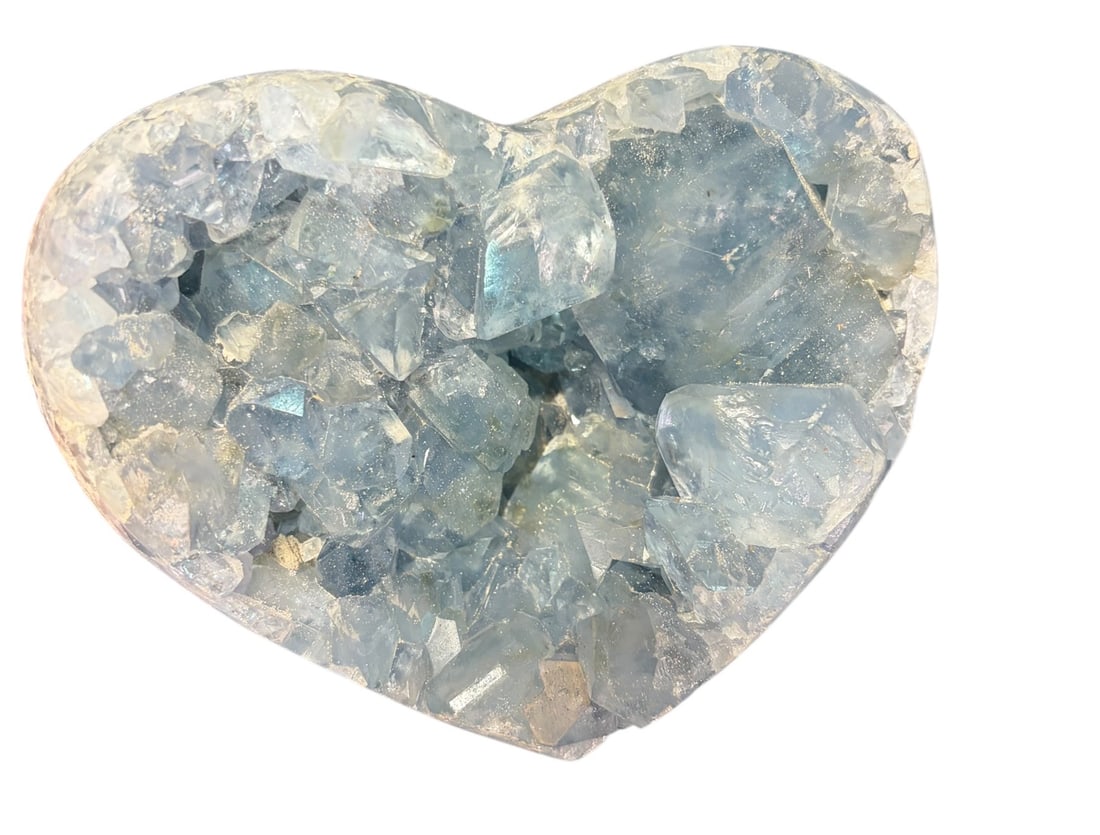 BLUE CELESTITE CRYSTAL HEART SHAPED: BLUE CELESTITE CRYSTAL HEART SHAPED 2.6lbs Height: 2 in. by Width: 5.5 in. by Depth: 4.5 in.