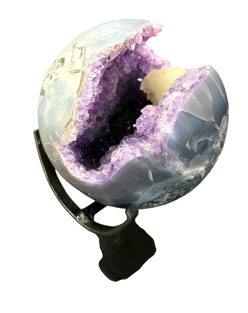 POLISHED AMETHYST SPHERE ON IRON STAND WITH CALCIT (1 of 6)