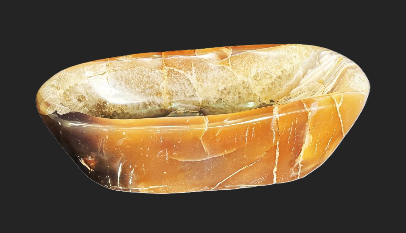 LARGE CARVED AGATE BOWL: LARGE CARVED AGATE BOWL. Height: 5.5 in. by Width: 17 in. by Depth: 4.75