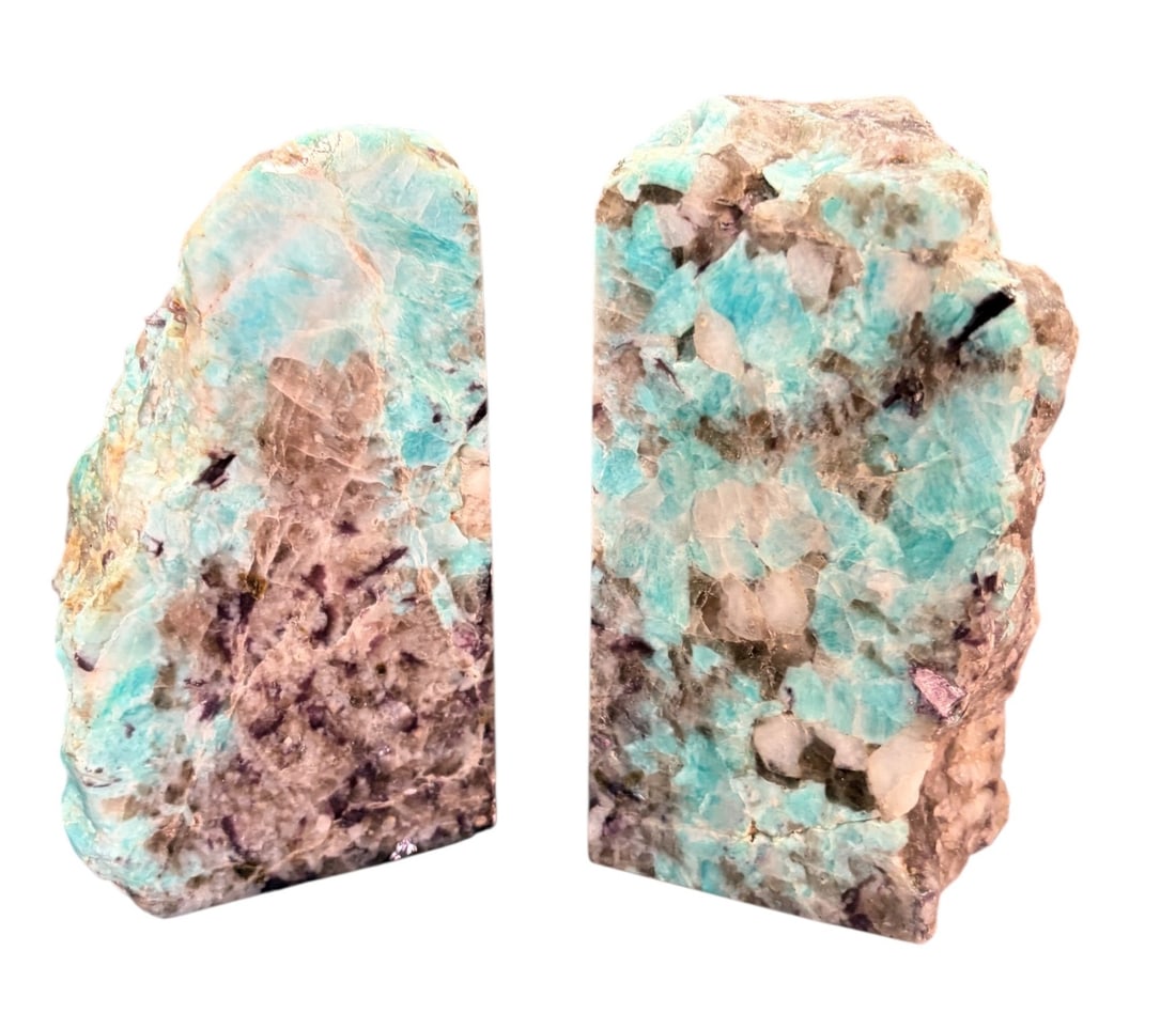 AMAZONITE BOOKENDS SET: AMAZONITE BOOKENDS SET 9.41lbs Height: 6.5 in. by Width: 7 in. by Depth: 4 in.