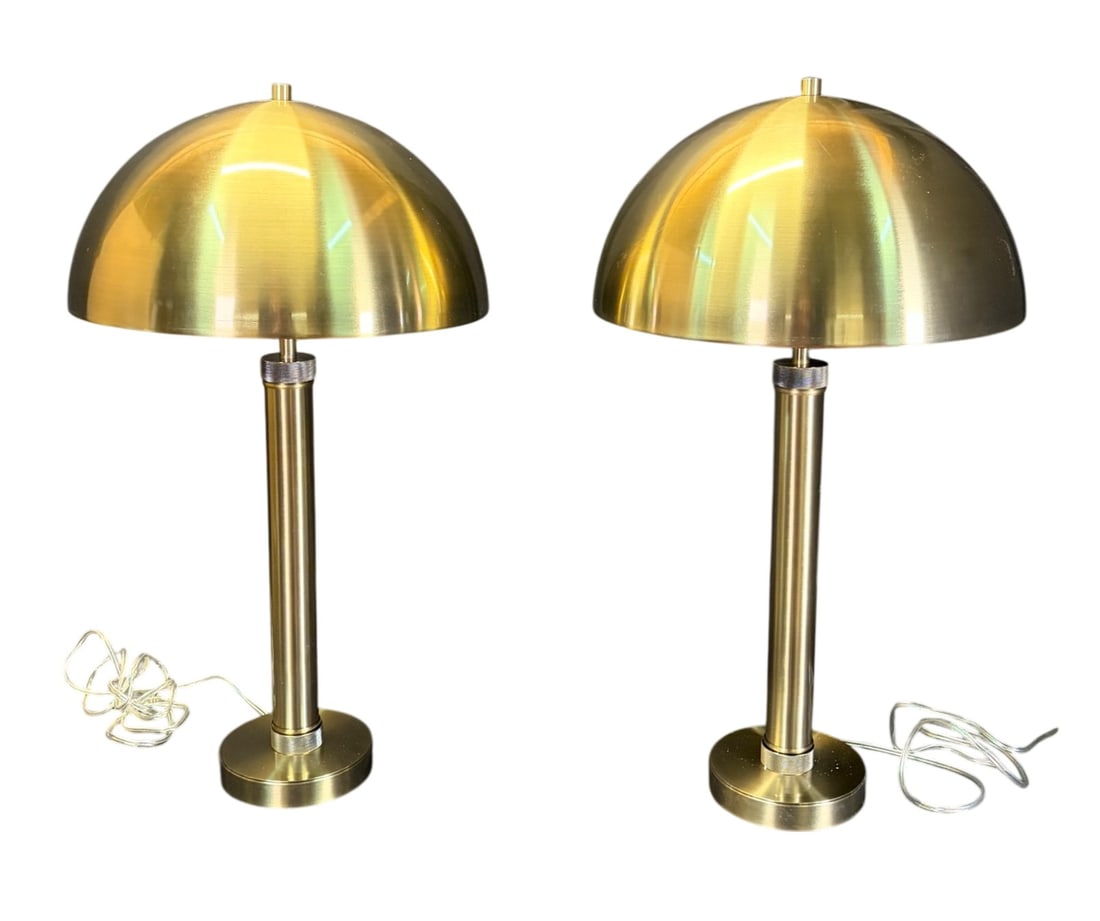 PAIR OF BRASS LAMPS WITH BRASS DOMED SHADES (1 of 5)