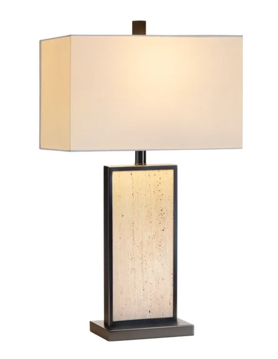 TABLE LAMP W/SLAB OF UNPOLISHED TRAVERTINE MARBLE: TABLE LAMP W/SLAB OF UNPOLISHED TRAVERTINE MARBLE. Height: 27.5 in. by Width: 16 in. by Depth: 9 in.