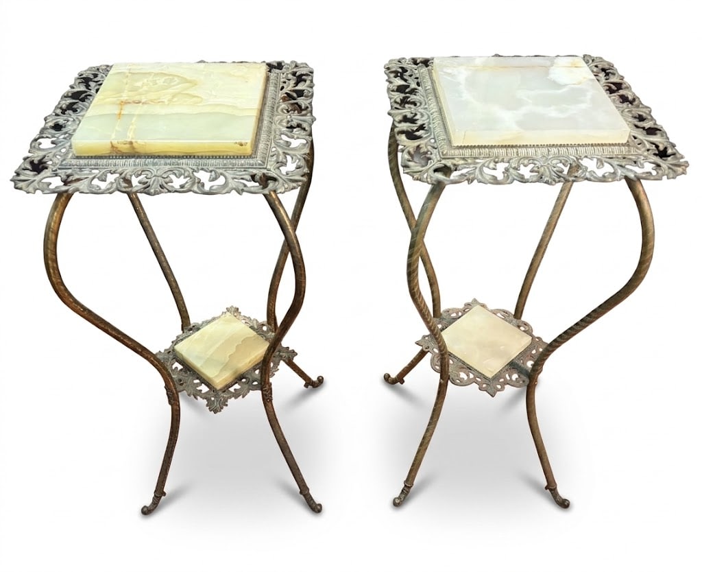 PAIR OF VICTORIAN BRASS/ONYX PEDESTALS: PAIR OF VICTORIAN BRASS/ONYX PEDESTALS , 2 TIER. Height: 31.5 in. by Width: 14.5 in. by Depth: 14.5 in.