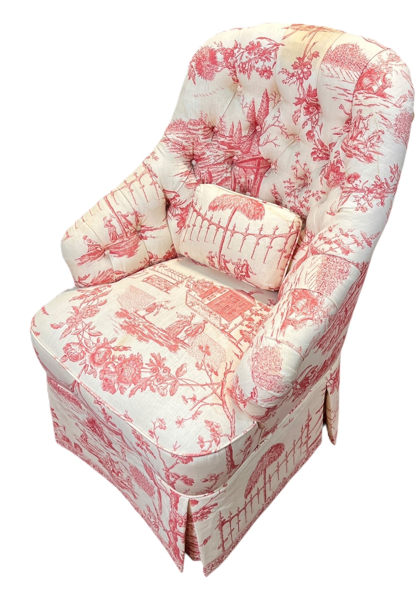 VINTAGE TOILE BUTTON TUFFED ARMCHAIR: VINTAGE TOILE BUTTON TUFFED ARMCHAIR. Height: 37 in. by Width: 26 in. by Depth: 29 in.