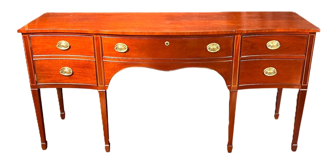 KINDEL FEDERAL STYLE INLAID MAHOGANY SIDEBOARD: KINDEL FEDERAL STYLE INLAID MAHOGANY SIDEBOARD. Height: 35 in. by Width: 72 in. by Depth: 21.5 in.