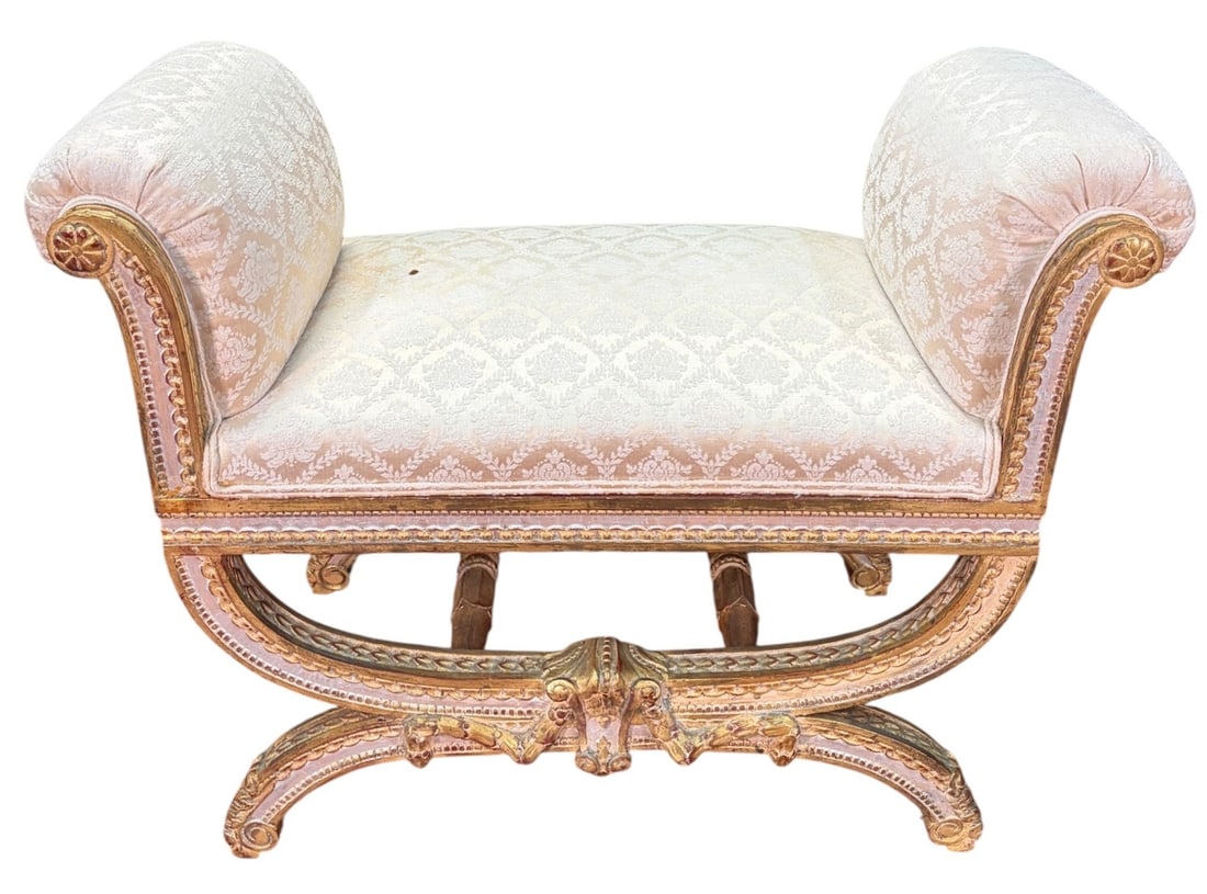 VINTAGE FRENCH LOUIS XVI STYLE BENCH: VINTAGE FRENCH LOUIS XVI STYLE BENCH. Height: 28 in. by Width: 37 in. by Depth: 19 in.