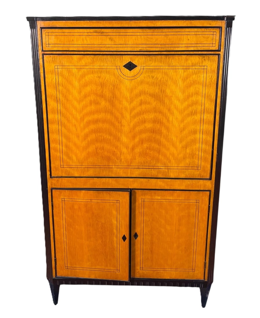 CIRCA 1840's REGENCY FALL FRONT SECRETARY: CIRCA 1840's REGENCY FALL FRONT SECRETARY WITH EBONY & SATINWOOD INLAY. Height: 58 in. by Width: 35 in. by Depth: 17 in.
