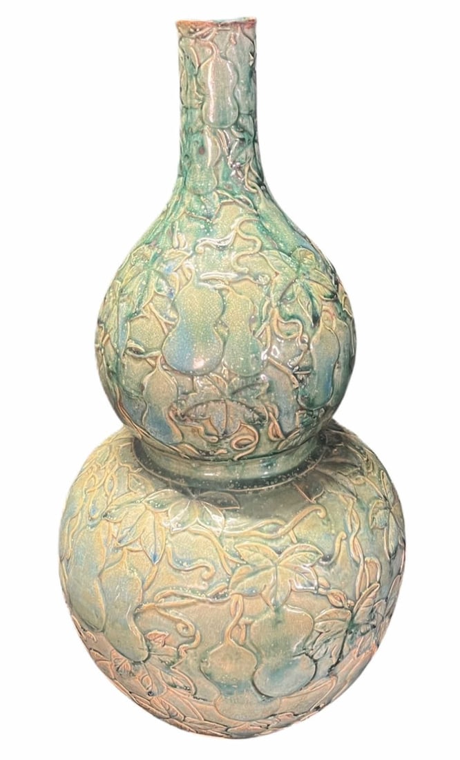DECORATIVE PAINTED CERAMIC GOURD SHAPED VASE: DECORATIVE PAINTED CERAMIC GOURD SHAPED VASE. Height: 26 in. by Width: 14.5 in.