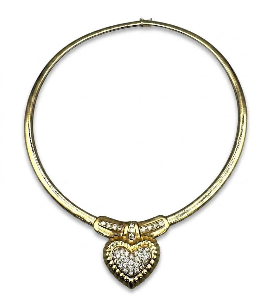 14KT GOLD & 42 DIAMOND HEART NECKLACE: 14KT GOLD & 42 DIAMOND HEART NECKLACE. 12 INCH TOTAL LENGTH. 67 GRAMS T. W.