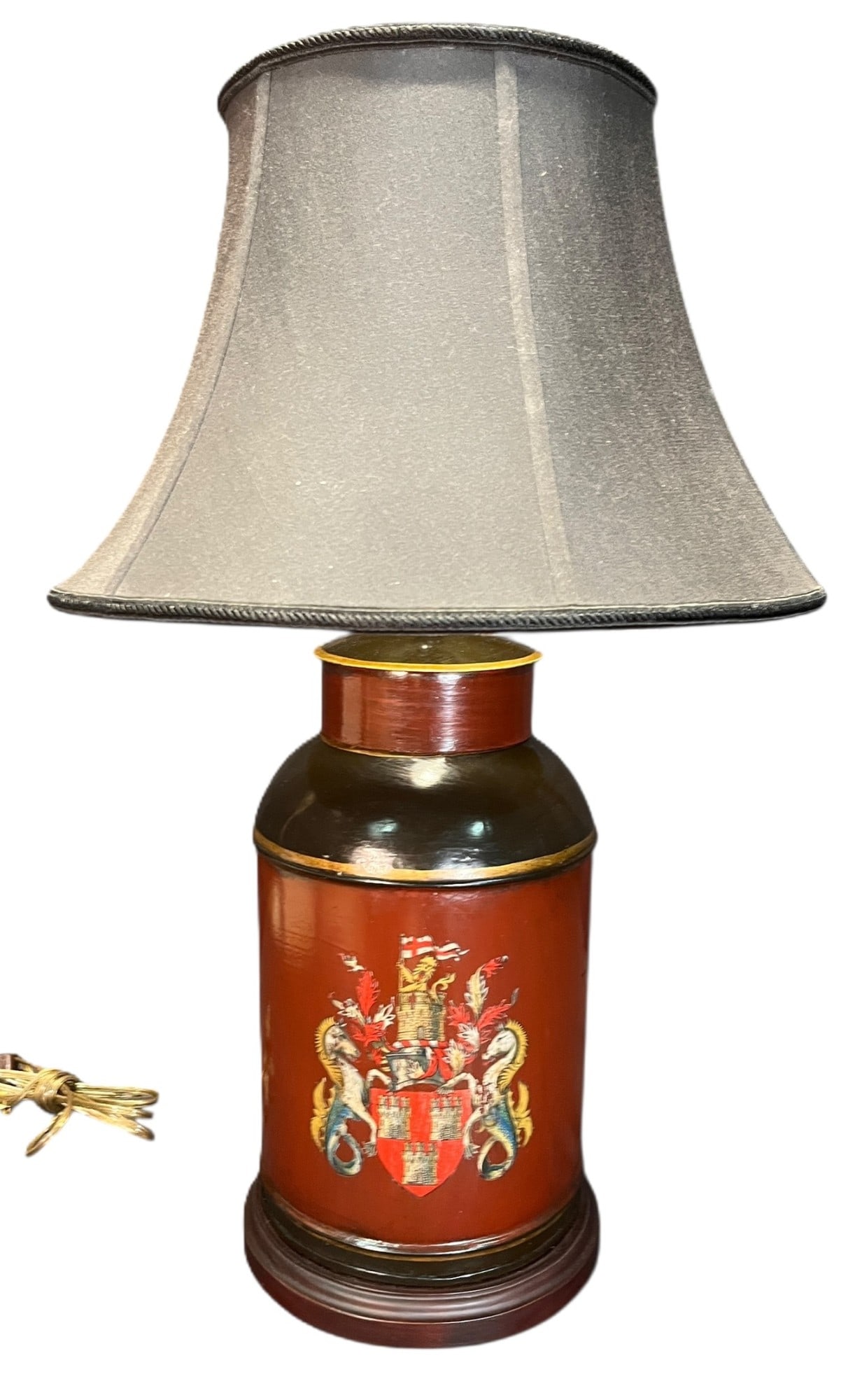 FRENCH HAND PAINTED TOLEWARE LAMP: FRENCH HAND PAINTED TOLEWARE LAMP. Height: 27 in. by Width: 10 in. by Depth: 10 in.