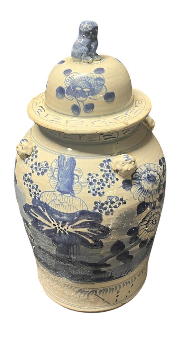 ANTIQUE CHINESE BLUE AND WHITE TEMPLE JAR: ANTIQUE CHINESE BLUE AND WHITE TEMPLE JAR. Height: 20 in. by Width: 11 in. by Depth: 11 in.