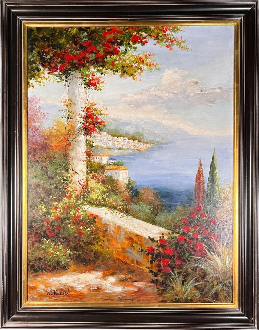 SICILY, ITALY COAST OIL ON CANVAS BY W RUSSELL: SICILY, ITALY COAST OIL ON CANVAS BY W RUSSELL. Height: 57 in. by Width: 45 in.