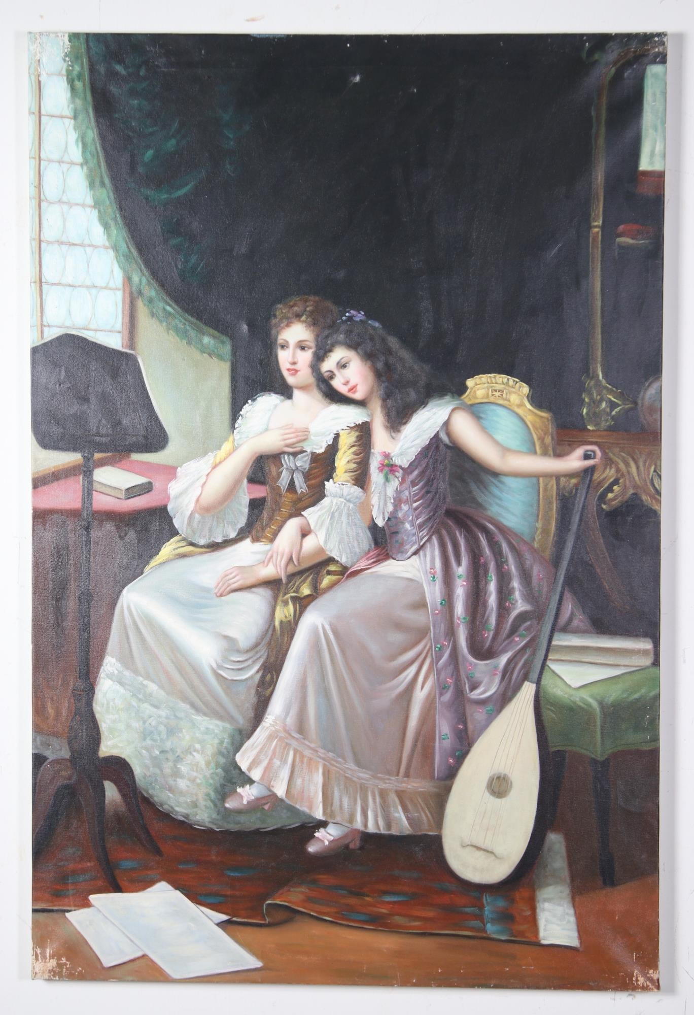 LADIES IN DRESSING ROOM ACRYLIC ON CANVAS PAINTING: LADIES IN DRESSING ROOM ACRYLIC ON CANVAS PAINTING. Height: 33 in. by Width: 24 in. by Depth: 1