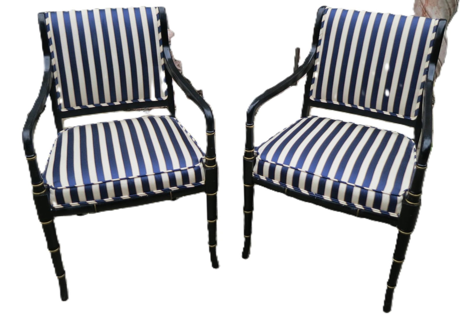 PAIR OF BAKER STRIPED ARMCHAIRS: PAIR OF BAKER STRIPED ARMCHAIRS. Height: 35 in. by Width: 22.5 in. by Depth: 25 in.