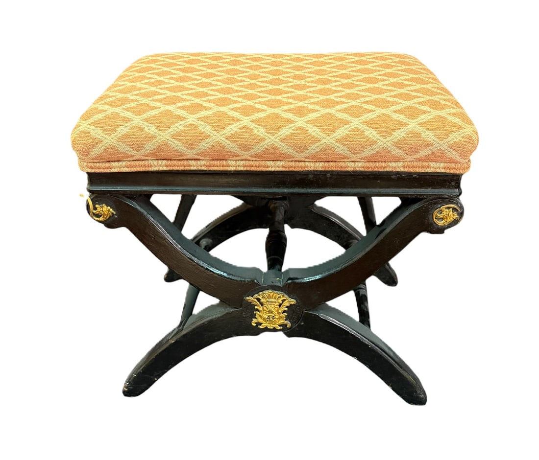 VINTAGE REGENCY PAINTED STOOL WITH BRASS: VINTAGE REGENCY PAINTED STOOL WITH BRASS Height: 20 in. by Width: 20 in. by Depth: 16 in.