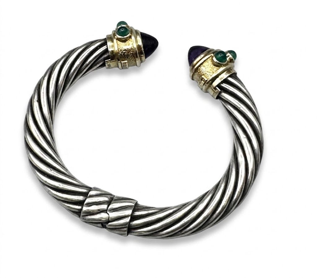 DAVID YURMAN RENAISSANCE COLLECTION BRACELET: DAVID YURMAN RENAISSANCE COLLECTION HINGED CUFF BRACELET WITH STERLING SILVER CABLE DESIGN AND 14KT YELLOW GOLD CAPS, AMETHYST BULLET CABOCHON ACCENTED WITH CHRYSOPRASE GEMSTONES. 41 GRAMS T.W. INSIDE