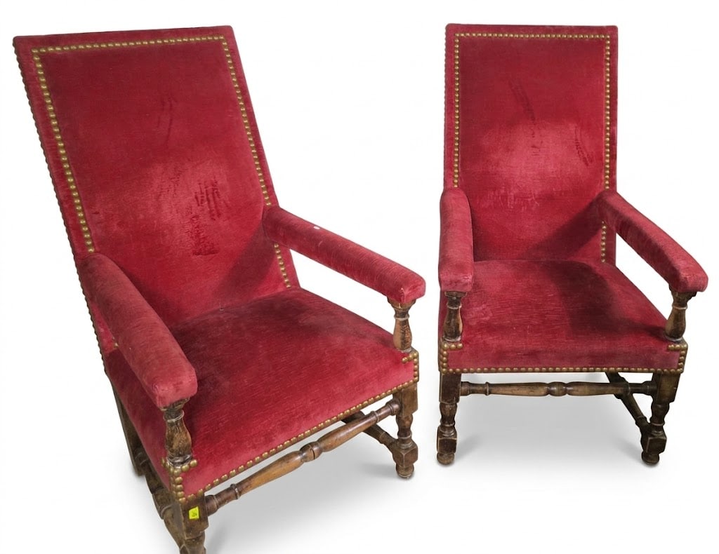 PAIR OF ANTIQUE FRENCH LOUIS XIV VELVET ARMCHAIRS: PAIR OF ANTIQUE FRENCH LOUIS XIV VELVET ARMCHAIRS WITH NAILHEAD TRIM. Height: 46.5 in. by Width: 27 in. by Depth: 36 in.