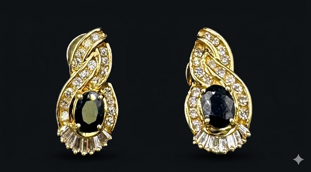 GOLD SAPPHIRE & DIAMOND DROP EARRINGS: 14K GOLD SAPPHIRE & DIAMOND DROP EARRINGS. TOTAL WEIGHT: 6 GRAMS.