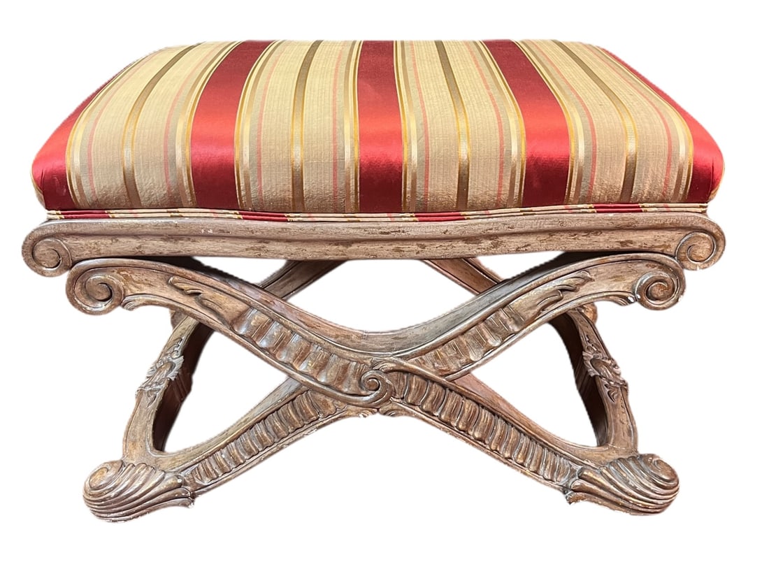 VENETIAN STYLE CARVED STOOL WITH SILK SEAT: VENETIAN STYLE CARVED STOOL WITH SILK SEAT. Height: 20.5 in. by Width: 30 in. by Depth: 21.5 in.