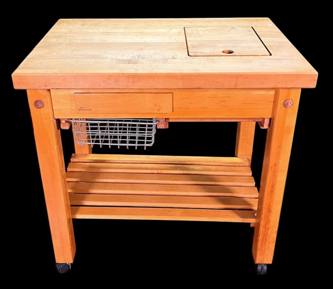 LE GOURMAND BUTCHER'S TABLE: LE GOURMAND BUTCHER'S TABLE. Height: 35.5 in. by Width: 36 in. by Depth: 24 in.