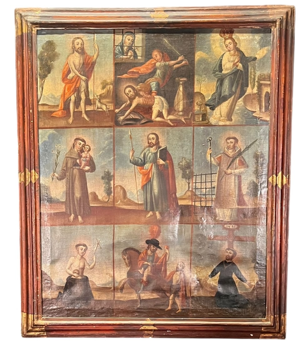 ANTIQUE HOLY SAINTS OIL ON CANVAS PAINTING: ANTIQUE HOLY SAINTS OIL ON CANVAS PAINTING. Height: 47 in. by Width: 40 in. by Depth: 3 in.